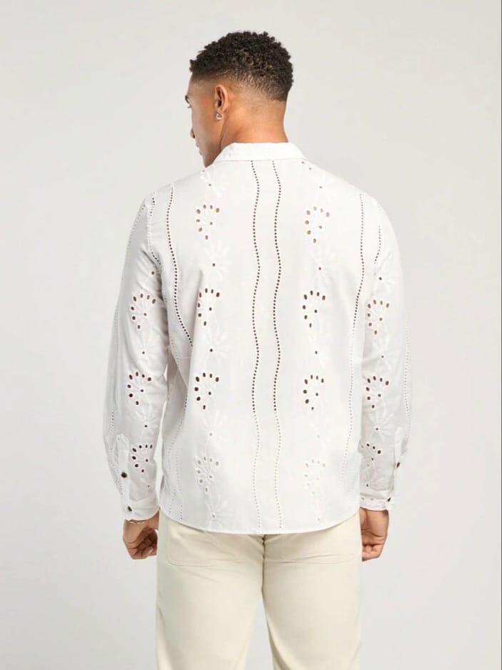 Uptown Funky Men's Spring & Casual vacation Embroidered Fit White Long-Sleeve Shirt